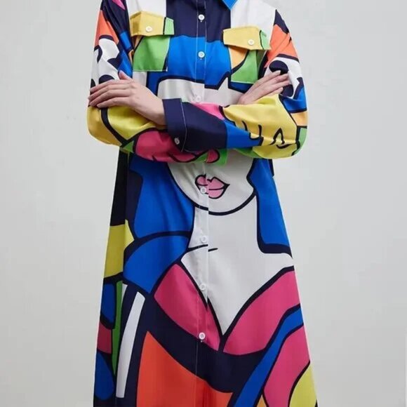 Art Decor Geometric Button Down Straight Fit Long Dress - Picture 10 of 10